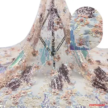 

Pink Nice fashion design sequence lace flower beads embroidered tulle lace fabric with 3d flower for wedding dress f190616