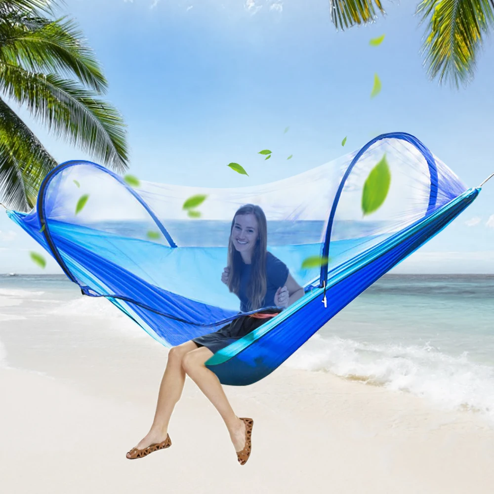 

Hammock with Mosquito Net for 2 People Camping Automatic Pole Speed Open Light Nylon Camping Outdoor Hammock with Tree Belt