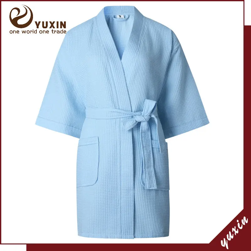 light blue Женский вафельный банный халат, хлопковый Халат, удобная ночная рубашка, махровые халаты для отеля, ночной халат, белый спальный халат, новинка - Цвет: light blue