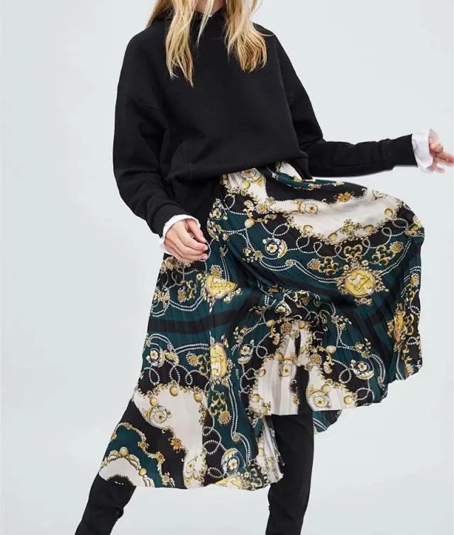 Женская Повседневная модная плиссированная юбка миди с высокой талией с принтом-Женская длинная юбка в винтажном стиле