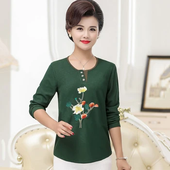 

2020 Fall Korea Middle Age Women Embroidery Bottoming Shirt Plus Size Mother Long Sleeves T-Shirts Female Tops Pullover Clothing