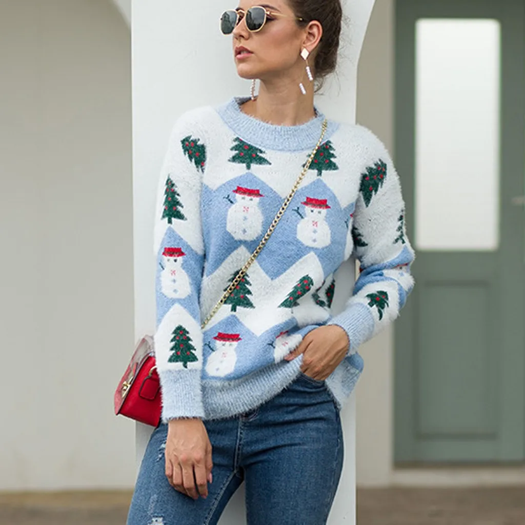 

Sweater Long Sleeve O-Neck Christmas Tree Christmas Sweater Pull Femme New Loose Pullover Knitting Printing Sweater Tops