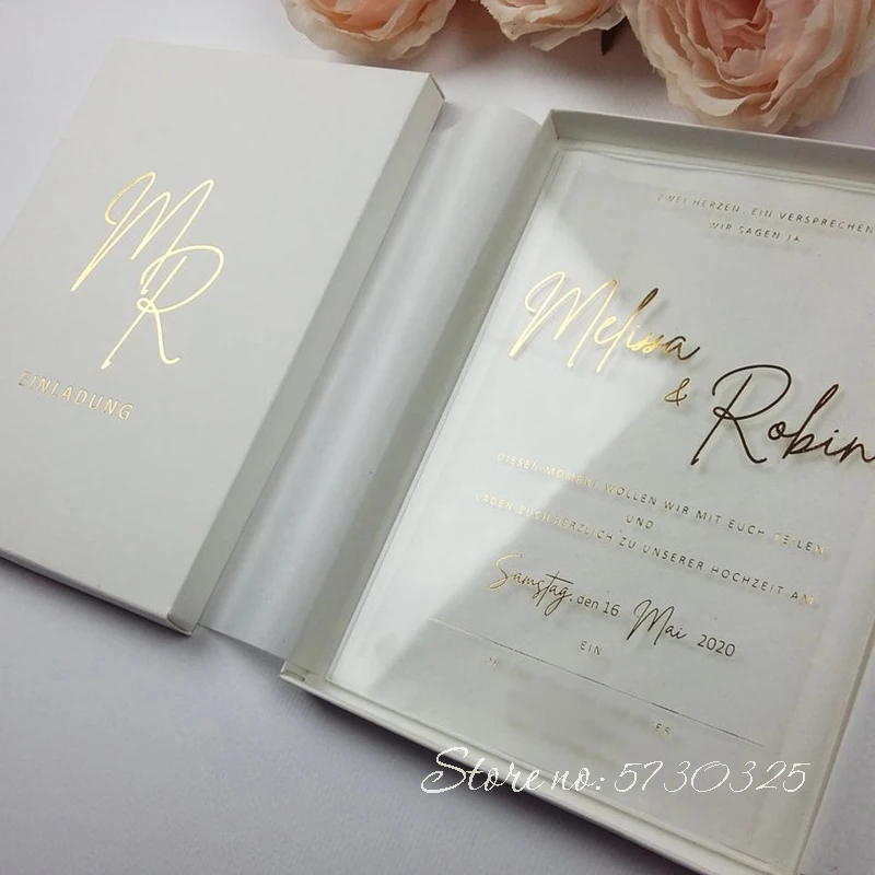 Luxury Gold Foiling Acrylic Wedding Invitations with Box Marriage Cards Popular Invitation Cards