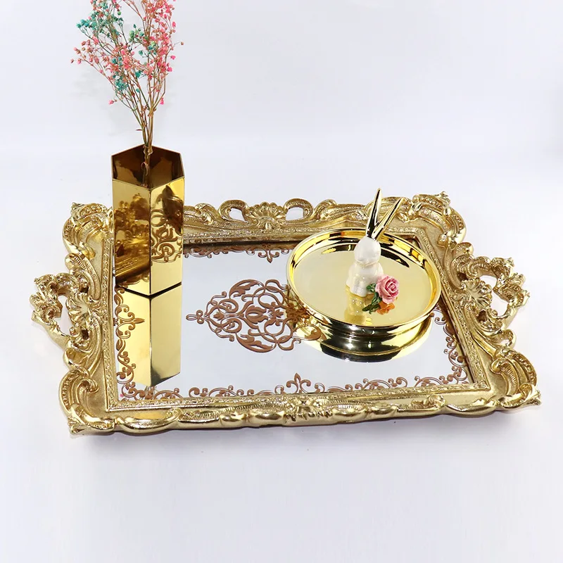 

Northern European-Style Rectangular Gold Mirror Tray Resin Jewelry Cosmetics Storage Tray Jewelry Tray Decoration Cake Dish