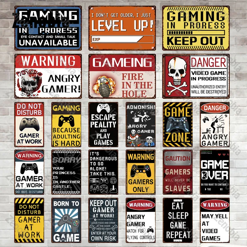 

Gaming Warning Metal Sign Angry Gamers Tin Signs Danger Game Zone Vintage Plaque Decorative Tin Plate Wall Stickers Home Decor