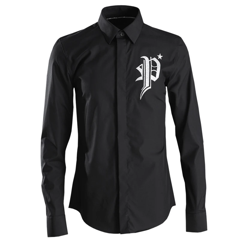 Модная рубашка с бусинами для мужчин, с длинными рукавами, Chemise homme, повседневная, тонкая, Camisas, однотонная, деловая, Мужская одежда, рубашки, Фирменное Качество - Цвет: Черный