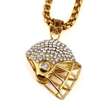 

American Football Helmet Pendant Necklace Stainless Steel Chain Gold Color CZ Crystal Rugby Ball Sport Jewelry For Men