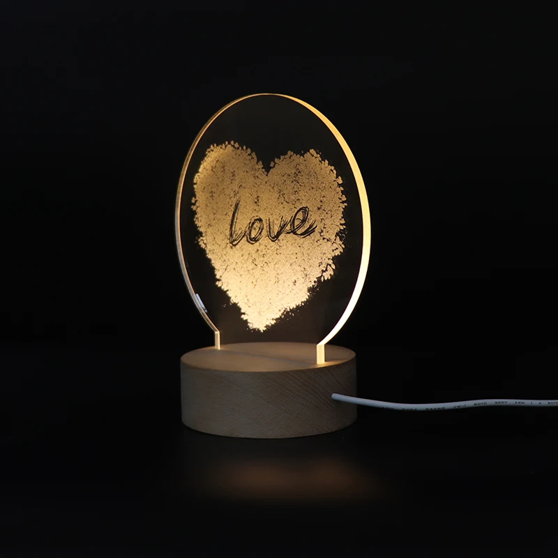 Acrylic Carved Inside Wooden Loving Heart Night Light 3D Lamp Gift For Lover