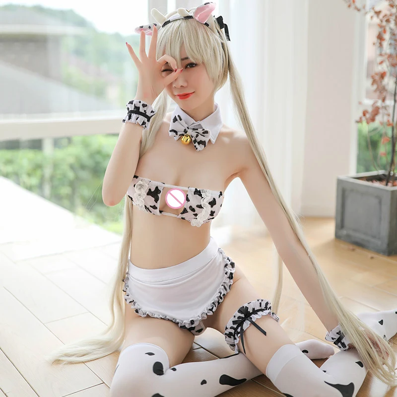 New Arrival Halloween Costumes for Women Sexy Kawaii Cow Maid Cosplay Lingerie Set Hot Erotic Elastic