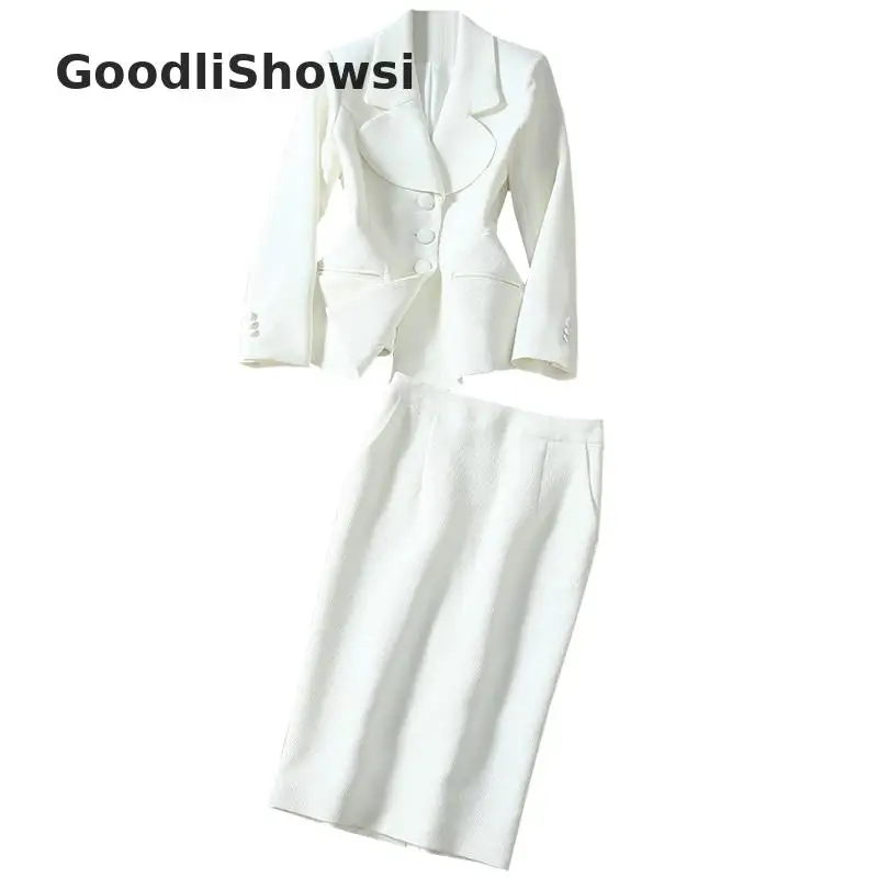 GoodliShowsi, весна, новые деловые формальные комплекты, белый костюм с отворотом, топы с баской+ Сексуальная облегающая юбка-карандаш, костюмы из 2 предметов