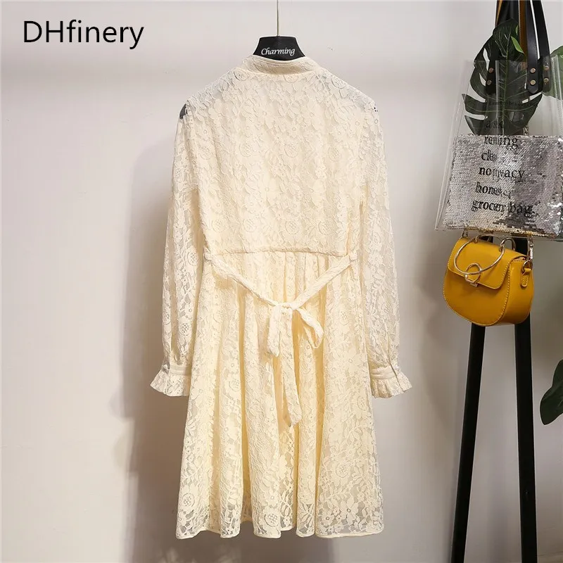 DHfinery милое кружевное платье весна-осень женское с оборками рукав воротник vestidos