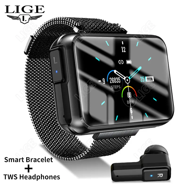 Новинка беспроводная гарнитура TWS LIGE 2 в 1 мужские умные часы с Bluetooth Смарт-часы для