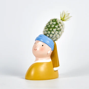 

Creative Celebrity Girl with Pearl Earrings Succulent Pot with Artificial Flower Super Cute Decorative Flower Pot Desk Decor Pot