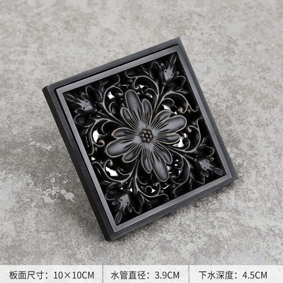 Antique Carved Pattern Design Floor Drain, Black