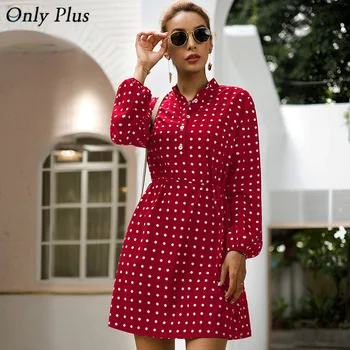 

Only Plus Red Polka Dot Dress Women Pleated Autumn Long Sleeve Vintage Dresses Casual Female Midi Vestidos