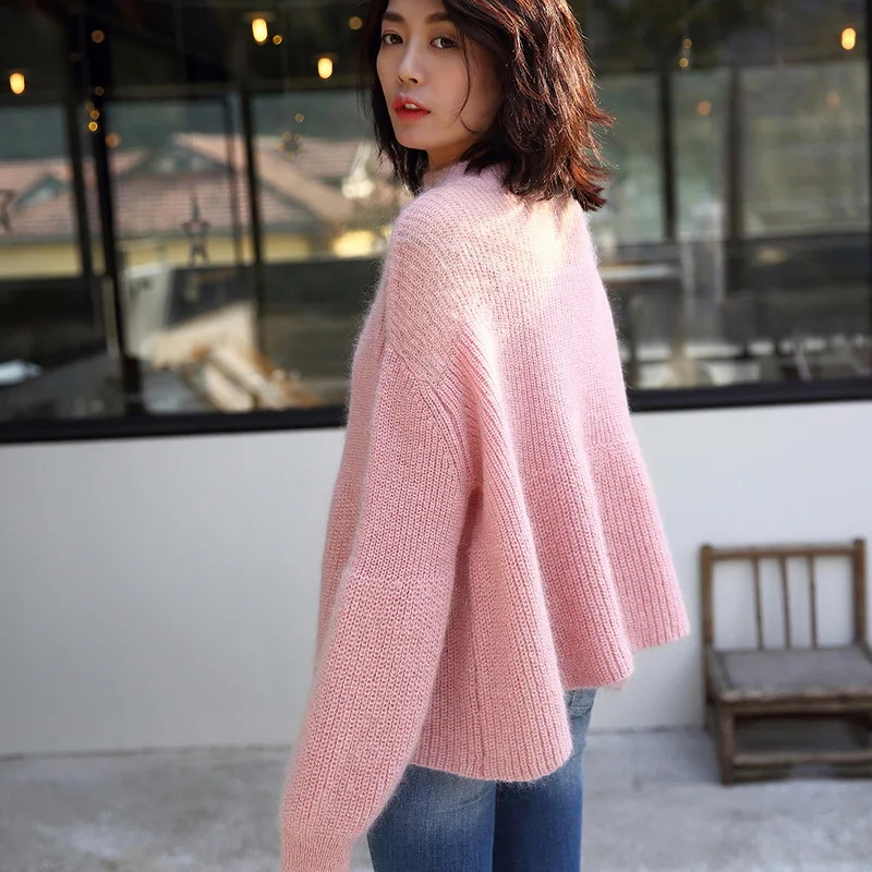 

AIGYPTOS 2019 autumn and winter pink lantern cuff head gradient loose sweater turtleneck winter dresses women 2018