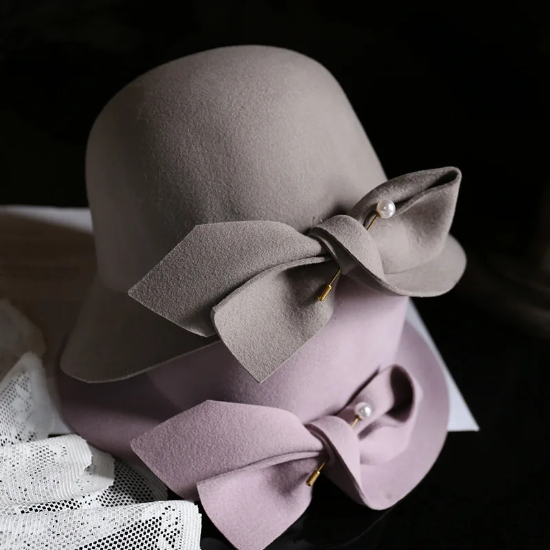 

Wool Fisherman's Hat Small Fragrant Pearl Bow Basin Hat Elegant Wool Woolen Hat Women's Retro Decorative Hat Women Elegant Top