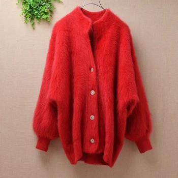 

ladies women winter christmas red vintage mink cashmere cardigans loose angora fur long bat sleeves knitwear sweater coat jacket