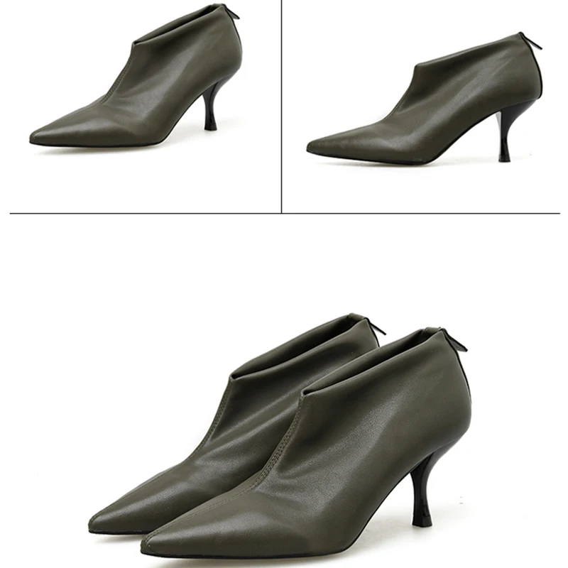Дизайнерские короткие ботинки; женская зимняя обувь; женская обувь на тонком каблуке с острым носком без застежки; Лаконичное платье; женские вечерние туфли из искусственной кожи с высоким вырезом