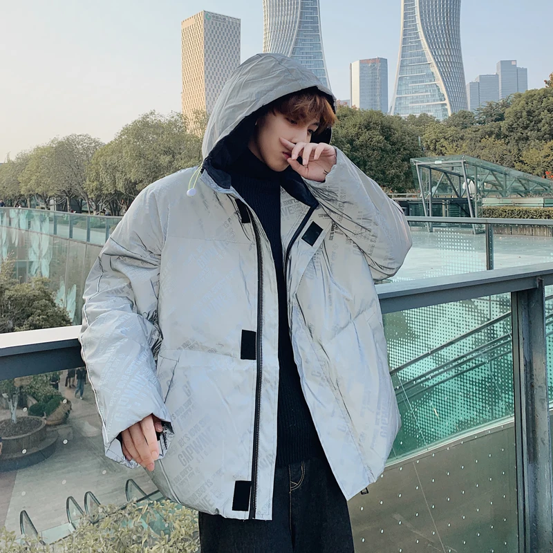 Hip Hop Streetwear Reflective Mens Winter Jackets and Bubble Coats Parkas Windbreaker Letter Full Printed Warm Overcoat Clothes