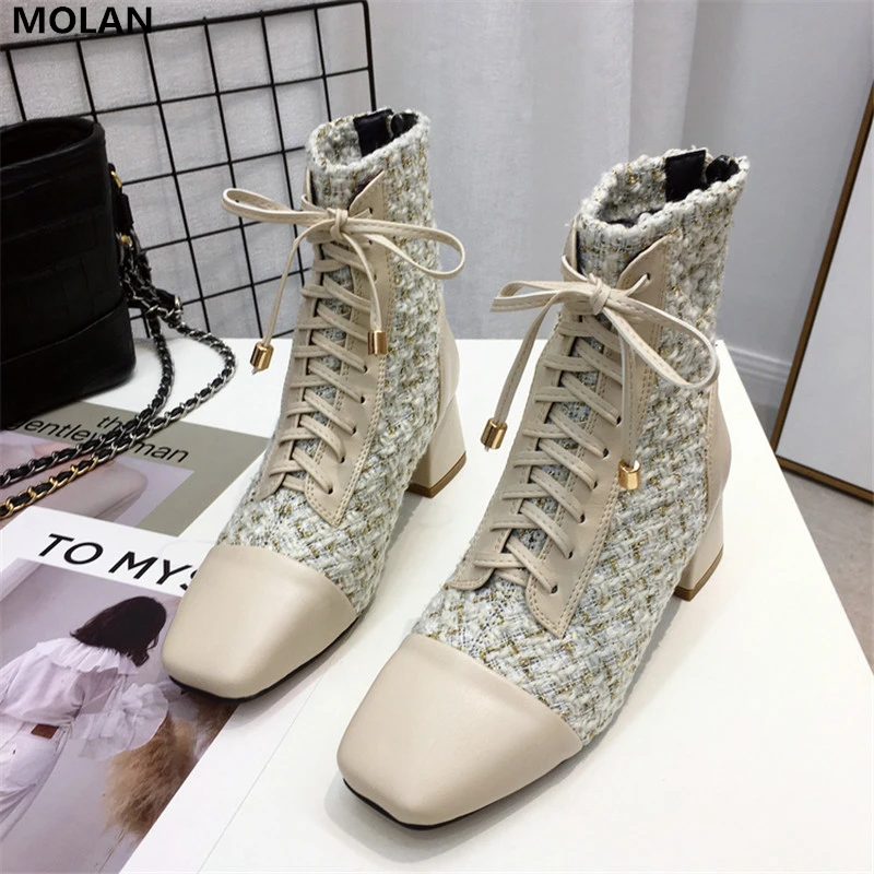 

MOLAN Brand Designers 2019 Winter Korean Fashion Luxury Gingham Lace Up Square Toe Elegant Short Boots Lady Shoes Black Apricot