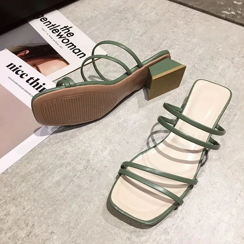

Square Heels Slippers Women 2020 Summer Shoes Green Narrow Band Open Toe Sandals Black Slippers Slides Beige Sandels for Women