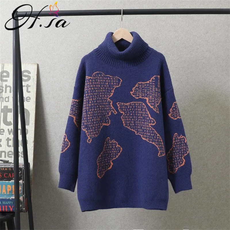 H. SA pull femme hiver, женская зимняя теплая водолазка, пуловер с рисунком карт, Повседневная вязаная одежда, фиолетовый свободный свитер, джемперы