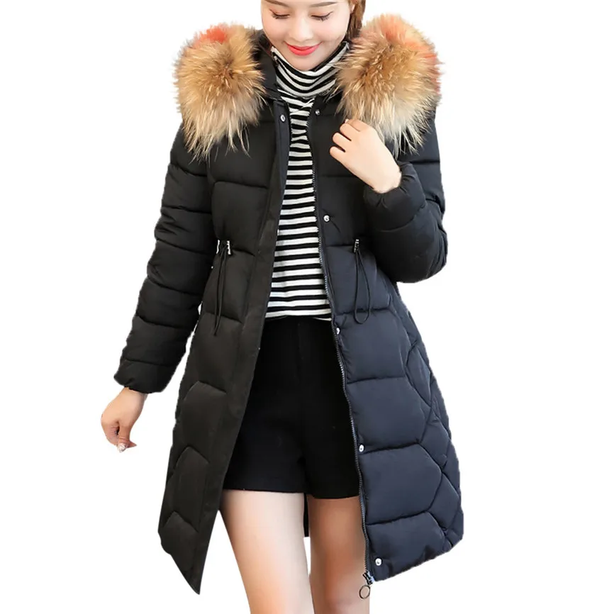 Korean Winter Jackets For Women Hooded Solid Outwear Warm Long Thick Fur Cotton Parka Slim Jacket Coat Winter Coat Women Elegant - Цвет: Black