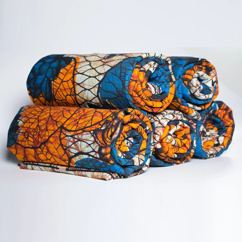 

2020 New Arrivals African Fabric 100% Cotton Orange And Blue Lotus Print Fabric Veritable Ankara Wax