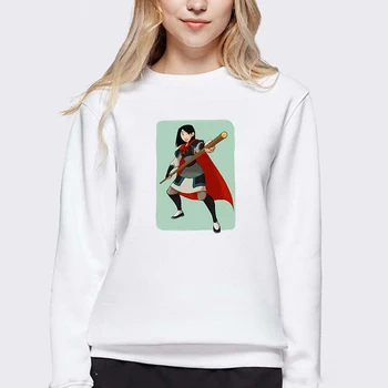 

LUSLOS Plus Size Sweatshirt Women Long Sleeve Streetwear Sweatshirts Cartoon Movie Mulan Printed Hoodies Femme White Pullovers