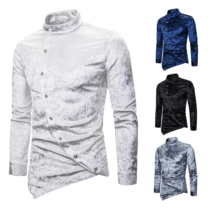 Мужская рубашка с асимметричной диагональной пуговицей Camisa Masculina Повседневная индивидуальная рубашка с длинным рукавом с воротником из бархата с бриллиантами
