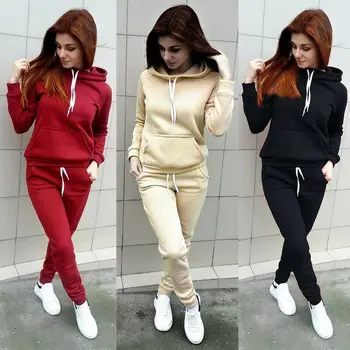 

2019 Autumn Tracksuit Long Sleeve Thicken Hooded Sweatshirts Long Pants Winter 2 Piece Set Casual Sport Suit Women Tracksuit Set