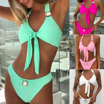 

Women's 2020 hot style swimsuit, knotted at the chest, diamond-encrusted bikini bandage, split swimsuit in multiple colors