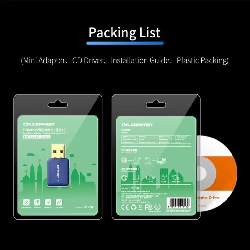 COMFAST CF-726B Mini USB 650 Мбит/с беспроводной WiFi адаптер приемник 5,8 ГГц Bluetooth 4,2 Двухдиапазонная сетевая карта для ПК ноутбука