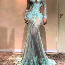 С высоким воротом с длинными рукавами бирюзовые платья для выпускного вечера с замочной скважиной спереди