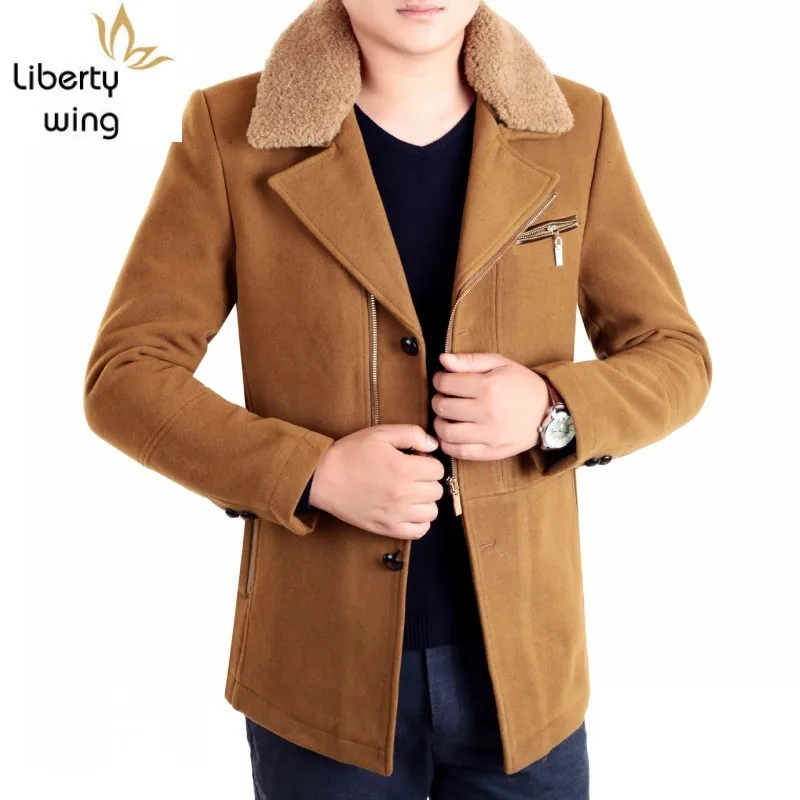 

Autumn Winter Mens Slim Fit Wool Blends Coat Single Breasted Fur Lapel Collar Jacket Outwear Business Man Casual Coats Khaki