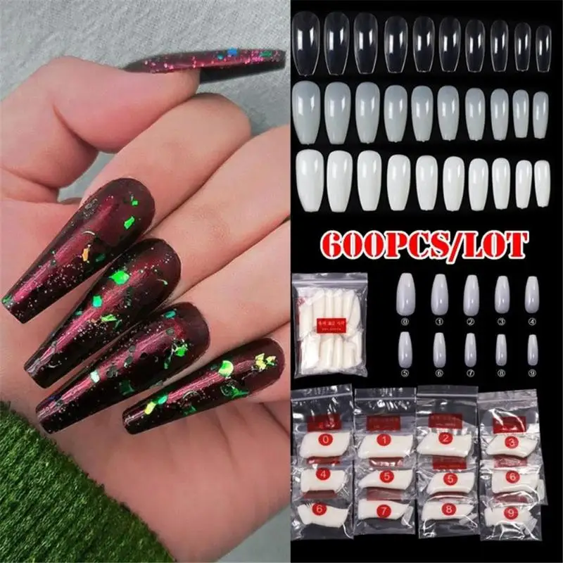 600pcs/Bag Ballerina Coffin Nail Art Tips PVC Transparent Multiple Specifications DIY Manicure False Fake Fingernails