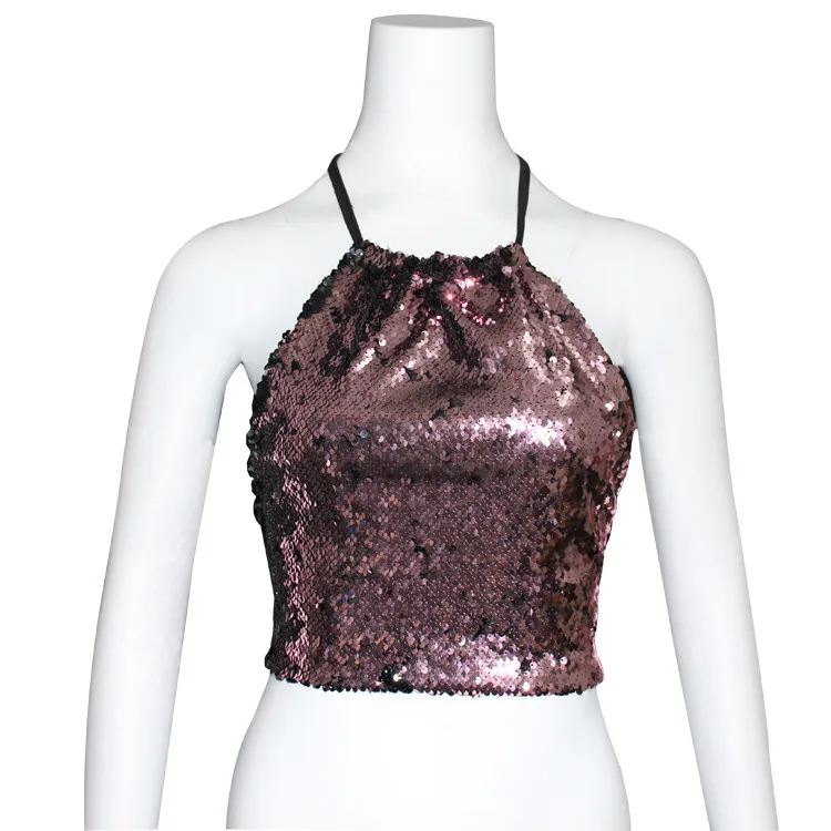 Pink Summer Fashion Bling Strappy Blouse Casual Ladies Sexy Lace Up Sequin Clubwear Cami Tank Vest Tee Tops Female Women's Camis - Цвет: Pink