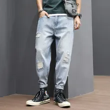 Japanese Fashion Men Jeans Light Blue Loose Fit Ripped Jeans Men Destroyed Harem Pants Vintage Designer Streetwear Hip Hop Jeans