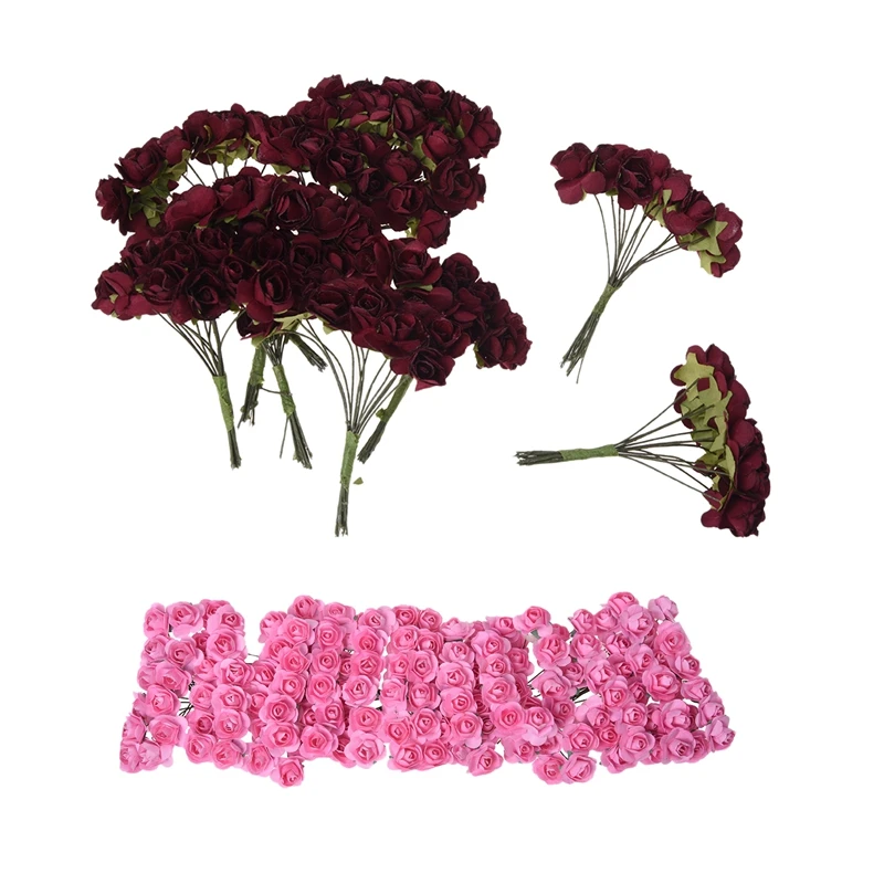 Approx. 288pcs Mini Paper Rose Flower For Craft Wedding Favor Dark Red& Pink