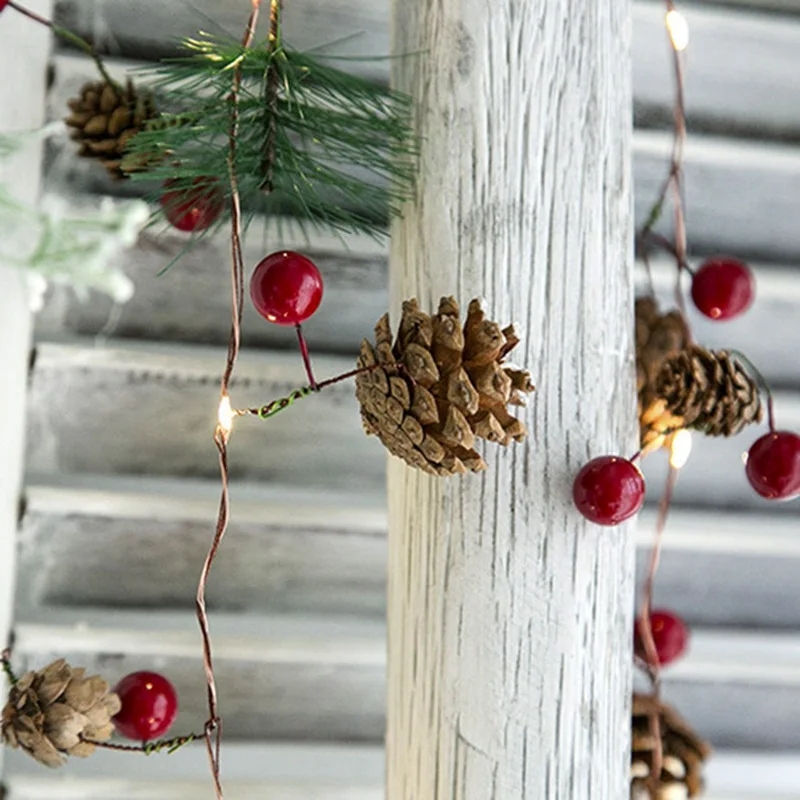 2 м 20 светодиодный s гирлянда Pinecones сосновая игла красная ягода медная проволочная струнная Лампа Теплая Белая Рождественская Светодиодная лента