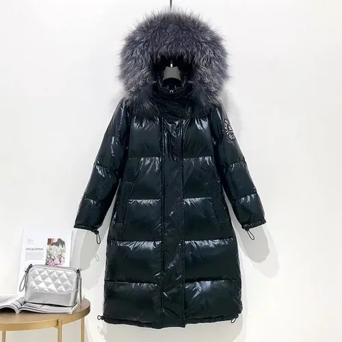 Black AYUNSUE, белая куртка-пуховик на утином пуху, Женское зимнее пальто с капюшоном, длинная куртка-пуховик, большой воротник из меха енота, теплая куртка Piumino Donna KJ3722 - Цвет: Black