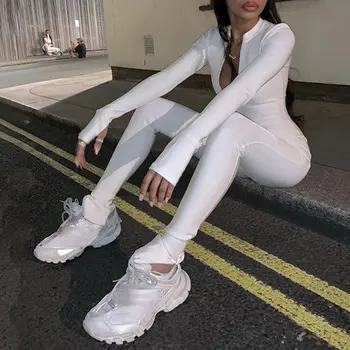 

Black/white Sexy Bodycon Tracksuit Jumpsuit Women New Fitness Romper Long Sleeve Zipper Elastic Bodysuit Body Mujer