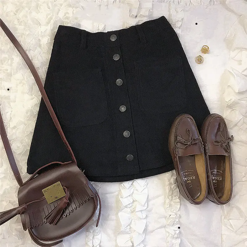 Black skirt Осенняя винтажная женская короткая юбка трапециевидной формы с пуговицами зимняя приталенная Вельветовая юбка с завышенной талией Женская Черная мини-юбка с карманом красный розовый - Цвет: Black skirt