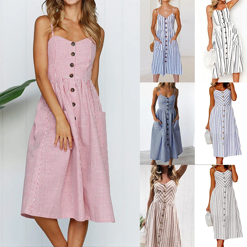 

Women Summer Dress Bohemian Spaghetti Strap Button Down Swing Midi Dress Pockets Floral Tunic Pink Striped Beach Dress Sundress