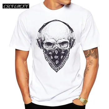 

2019 Men T Shirts Fashion Skull with Headphones Design Short Sleeve Casual Tops Hipster Vintage Printed T-Shirt Cool Tee