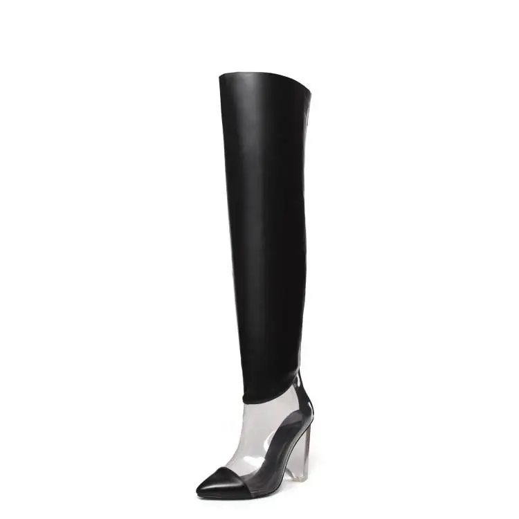 Runway Thigh High Boots Women Winter Patchwork Transparent PVC Leather Upper Zapatos De Mujer Clear Wedges Heels Shoes Woman