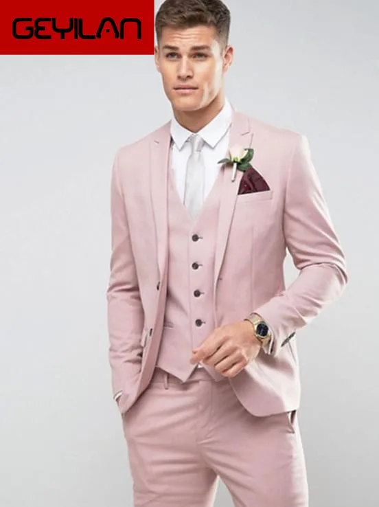 

Tailor Made Light Pink Men Suit Slim Fit Groom Prom Party Blazer Costume Marriage Homme Male Tuxedo 3pcs(Jacket+Pants+Vest)