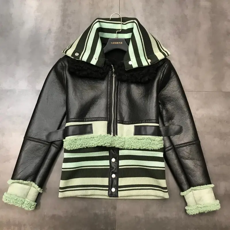 

Leather Jacket Woman 2019 New Winter Disassembly Knitted Thread Collar GirdleThick PU Leather Jacket Leather Coat Ladies