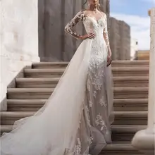 Романтический Длинный рукав Кружева Русалка Свадебные платья со съемным шлейфом пуговицы сзади подвенечные Свадебные платья платье невесты